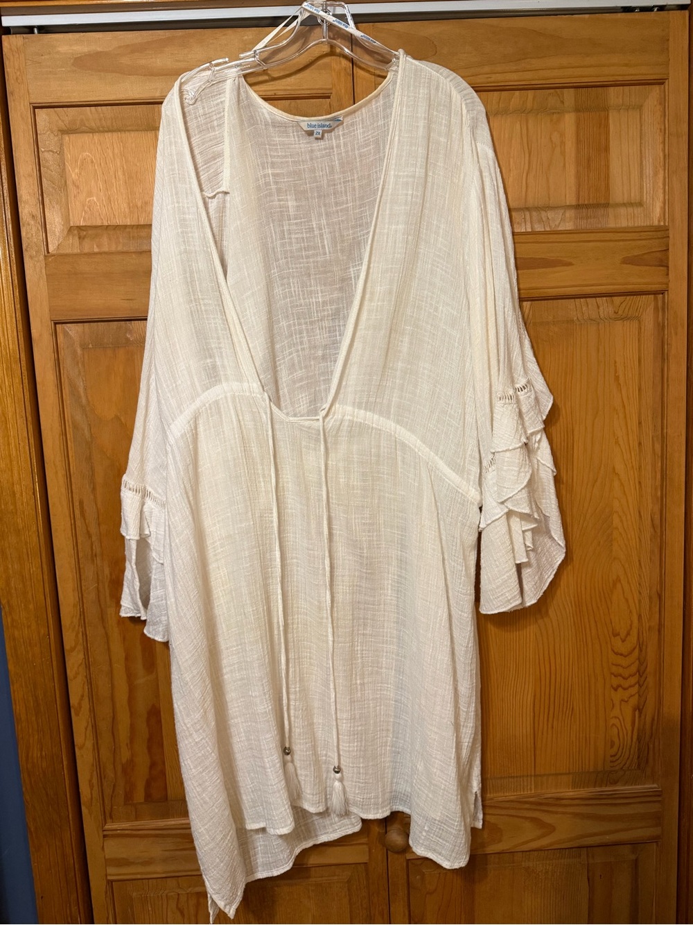 blue island Cream Gauze V-Neck Tunic with Ruffle Sleeves